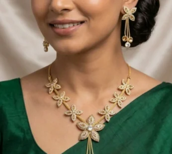 Gold Plated Necklace Set with Earrings AD Stone Floral Jewellery for Women and Girls