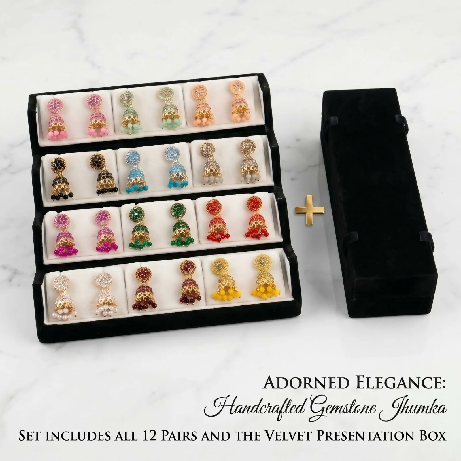 12 Pair Colorful Jhumki Earrings with Premium Velvet Earring Box