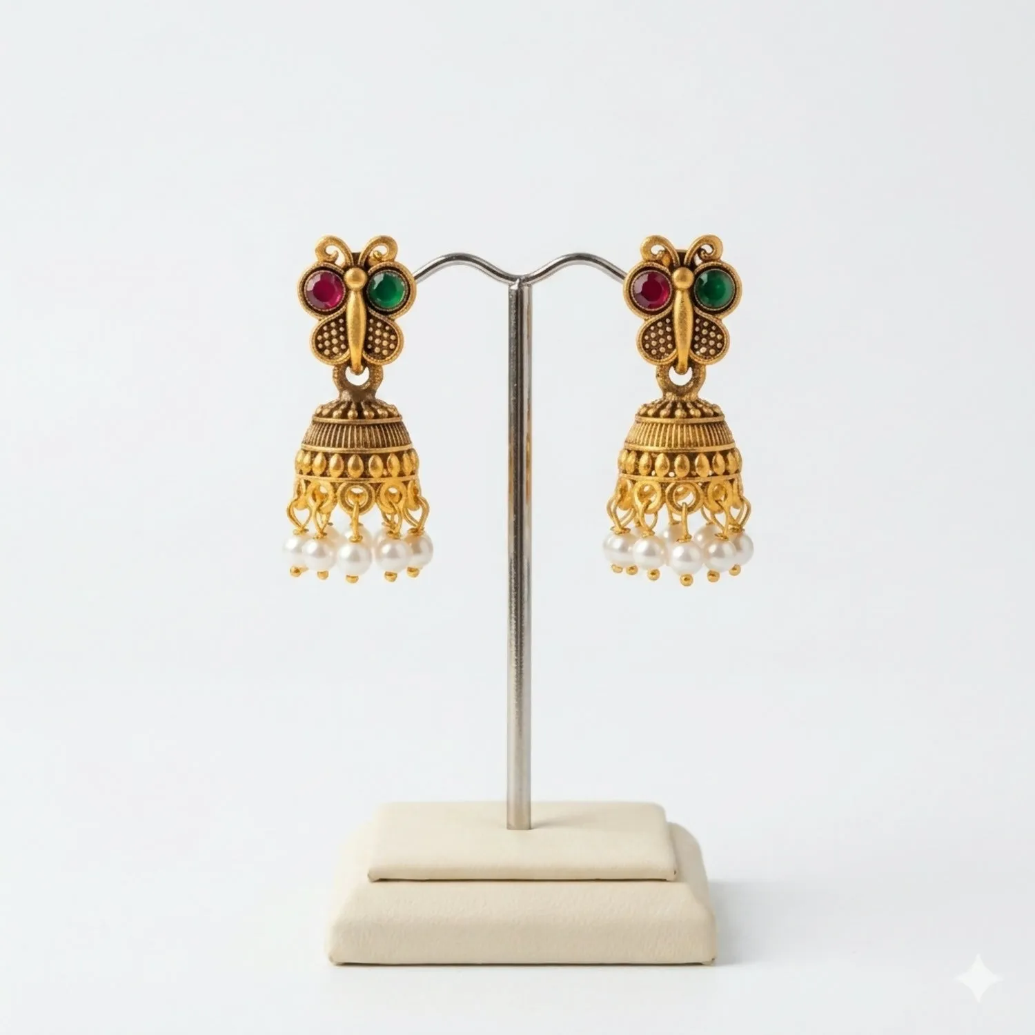 Traditional Gold Plated Butterfly Ruby Green Stone Jhumka Earrings - Detailed Feature View 2