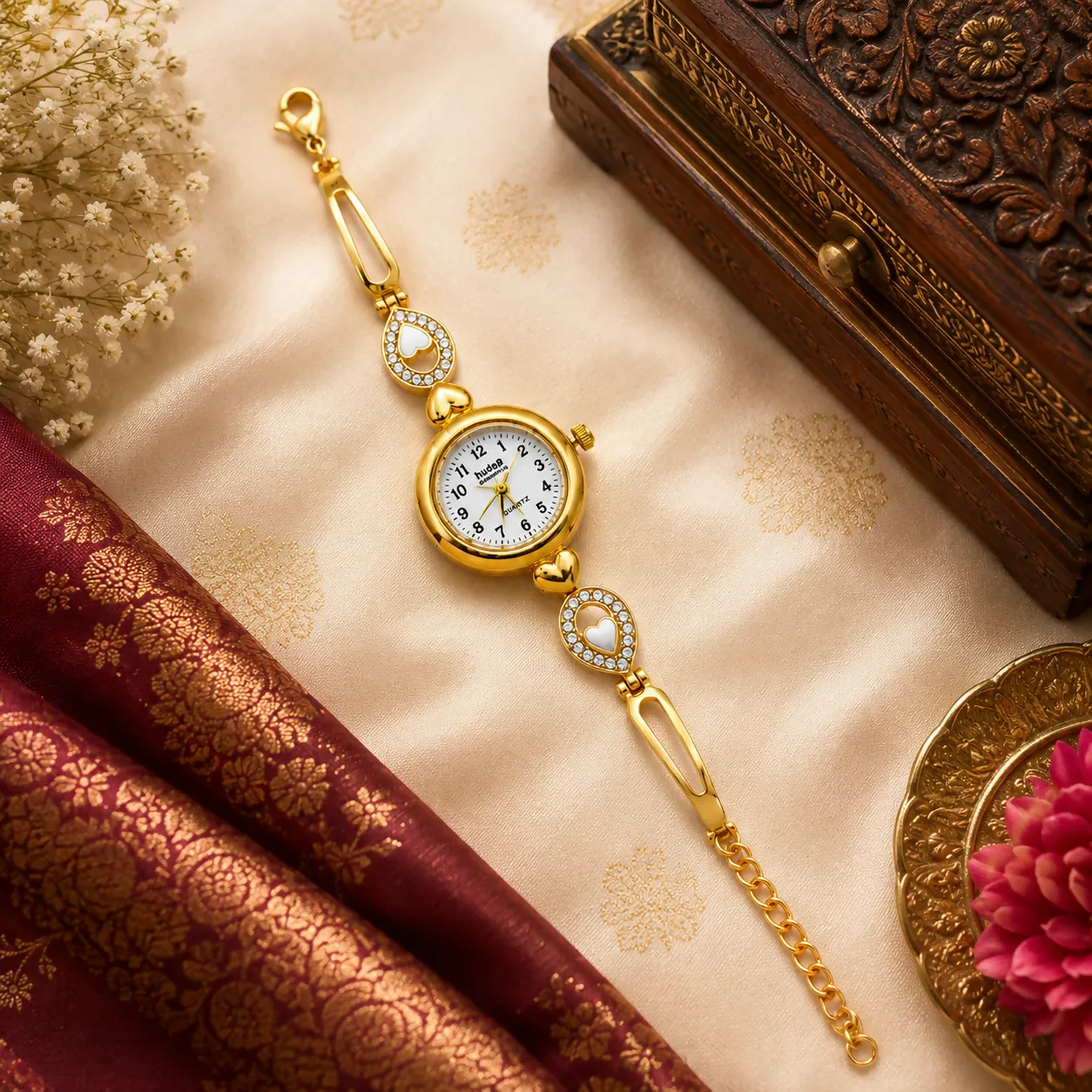 Premium Elegant Gold-Tone Heart Crystal Bracelet Watch for Women – Luxury Analog Wrist Watch with White Dial - Buy Online at Alikart