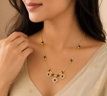 Traditional Gold-Tone Mangalsutra with Ruby Crystal Square Pendant Elegant Black Bead Necklace for Women