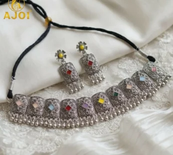 Premium Oxidised Silver-Plated Multicolor Stone Choker Necklace Set