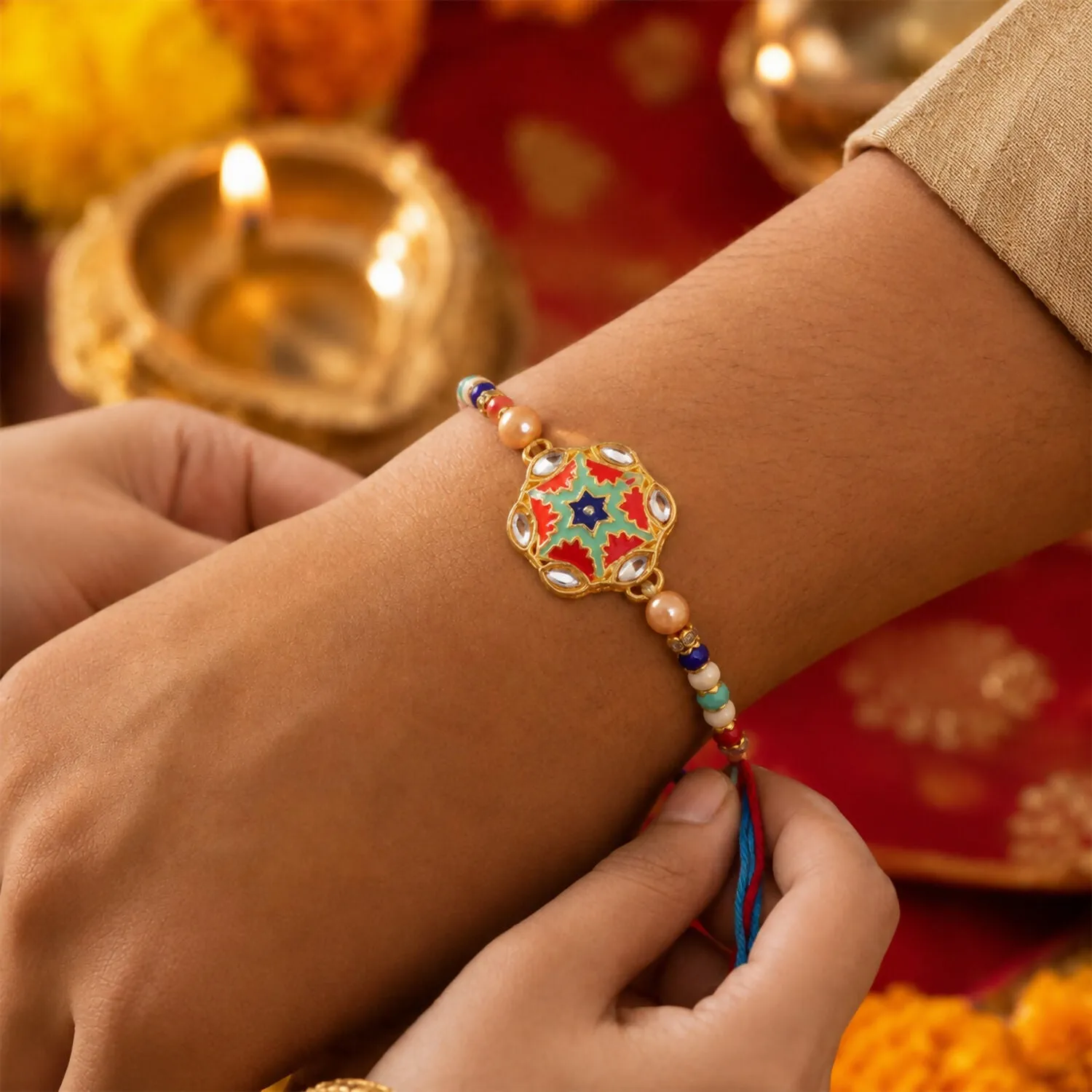 Premium Stylish Rakhi For Brother With Colorful Beads And Unique Designer Centerpiece - Buy Online at Alikart