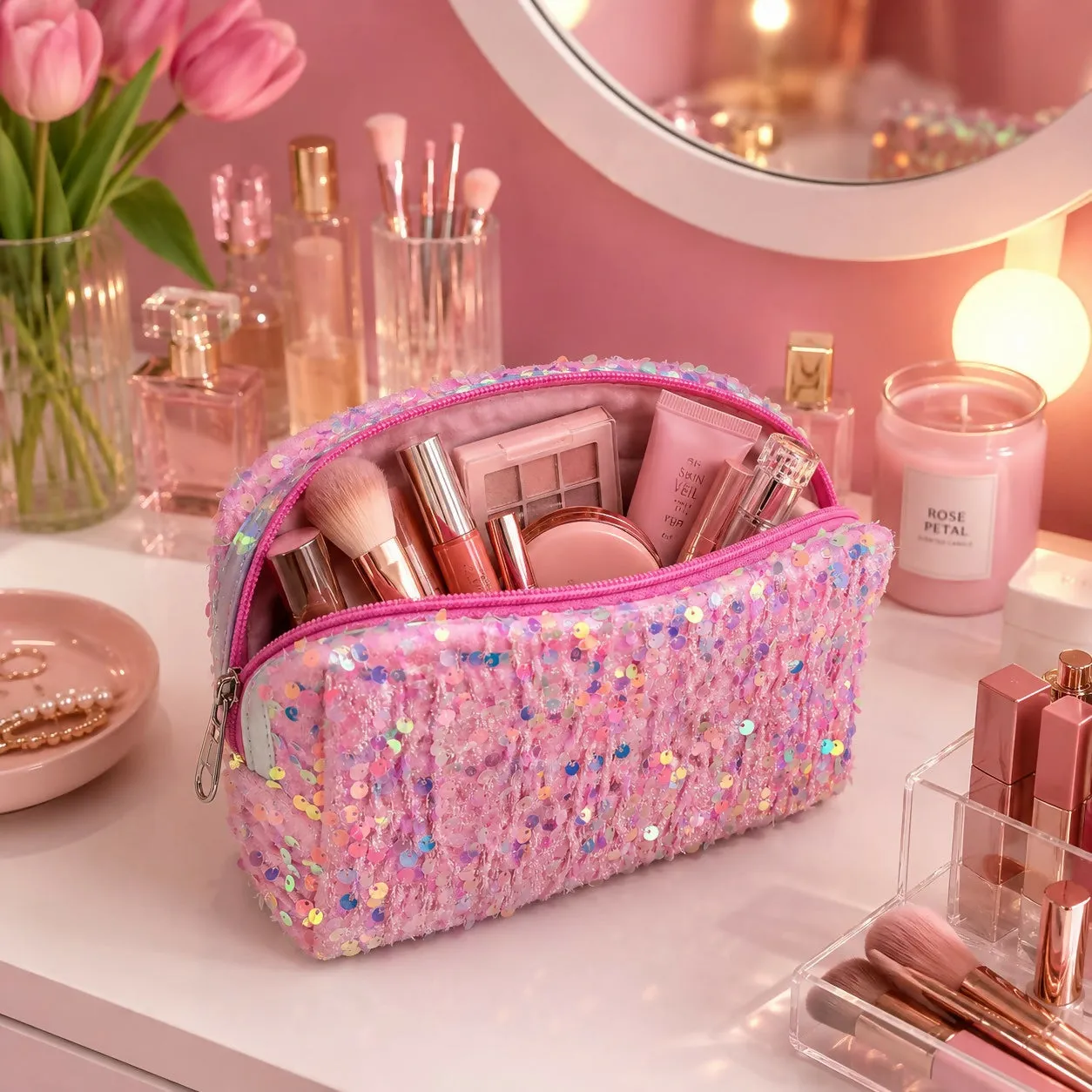 Premium Pink Multipurpose Makeup & Stationery Organizer Pouch – Stylish & Spacious - Buy Online at Alikart