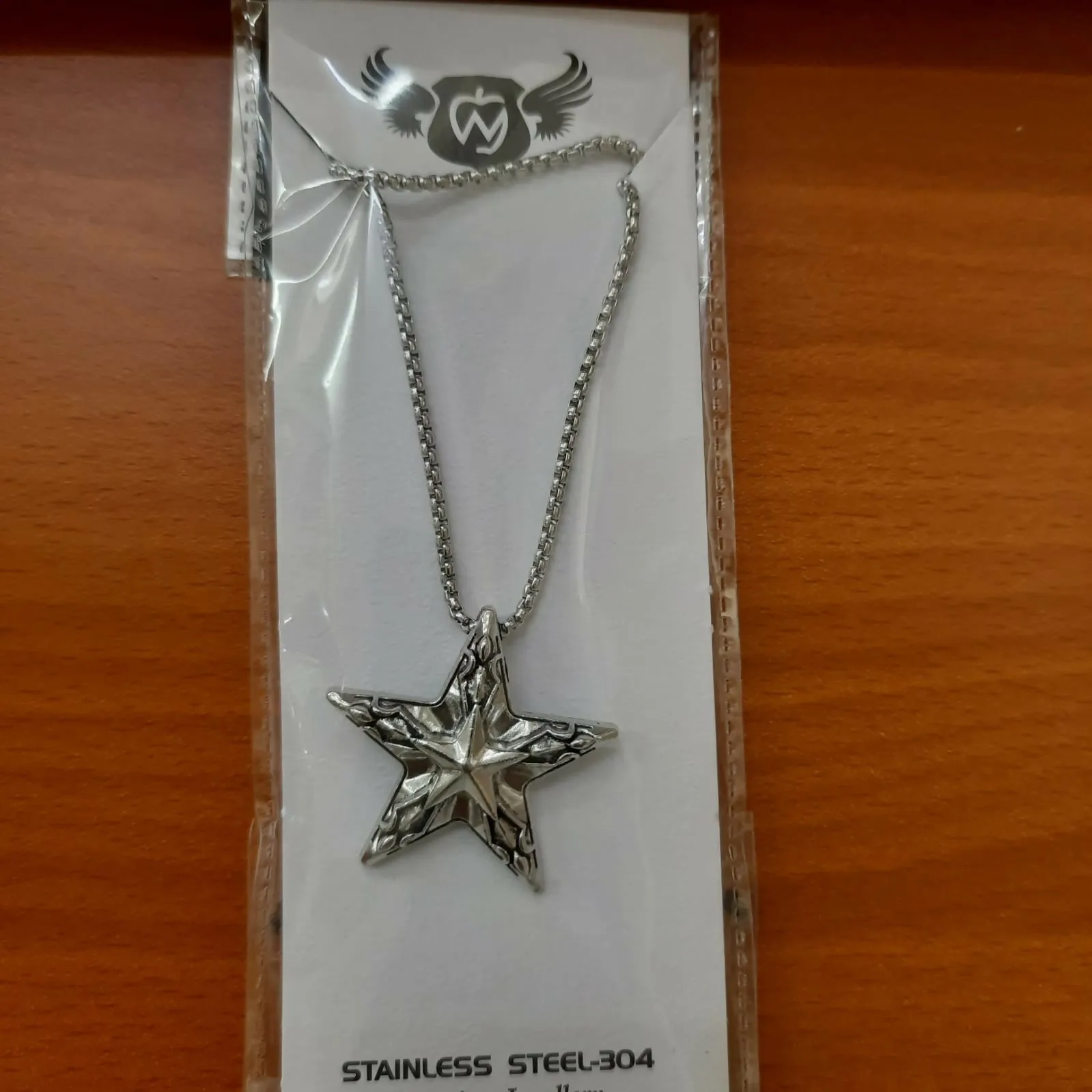 Silver Star Pendant Necklace for Men with Engraved Texture Design and Box Chain - Detailed Feature View 4