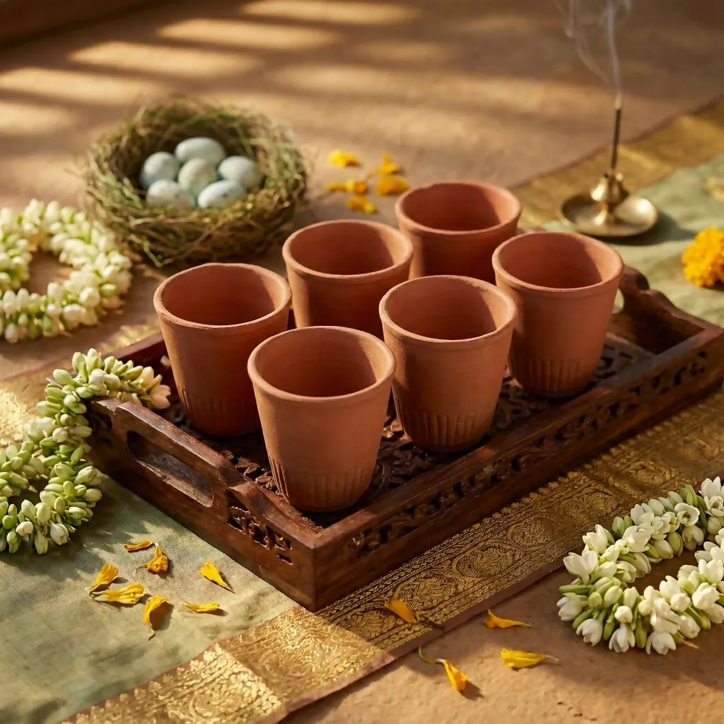 Premium Terracotta Kulhad Set – Handmade Clay Cups with Wooden Tray - Buy Online at Alikart