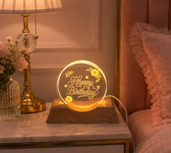 LED Happy Birthday Acrylic Night Lamp with Wooden Base USB Powered