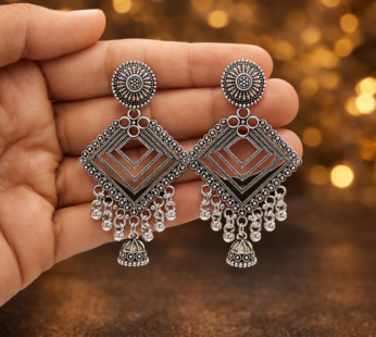 Oxidised Long Jhumka Earrings – Elegant Geometric Design