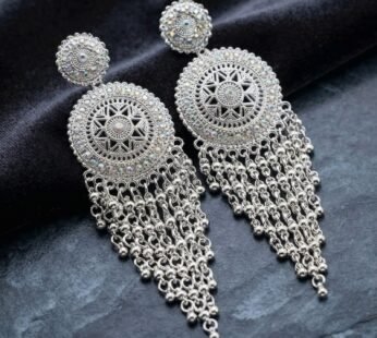 Oxidised Silver Earrings with Round Design and Elegant Hanging Bead Detailing