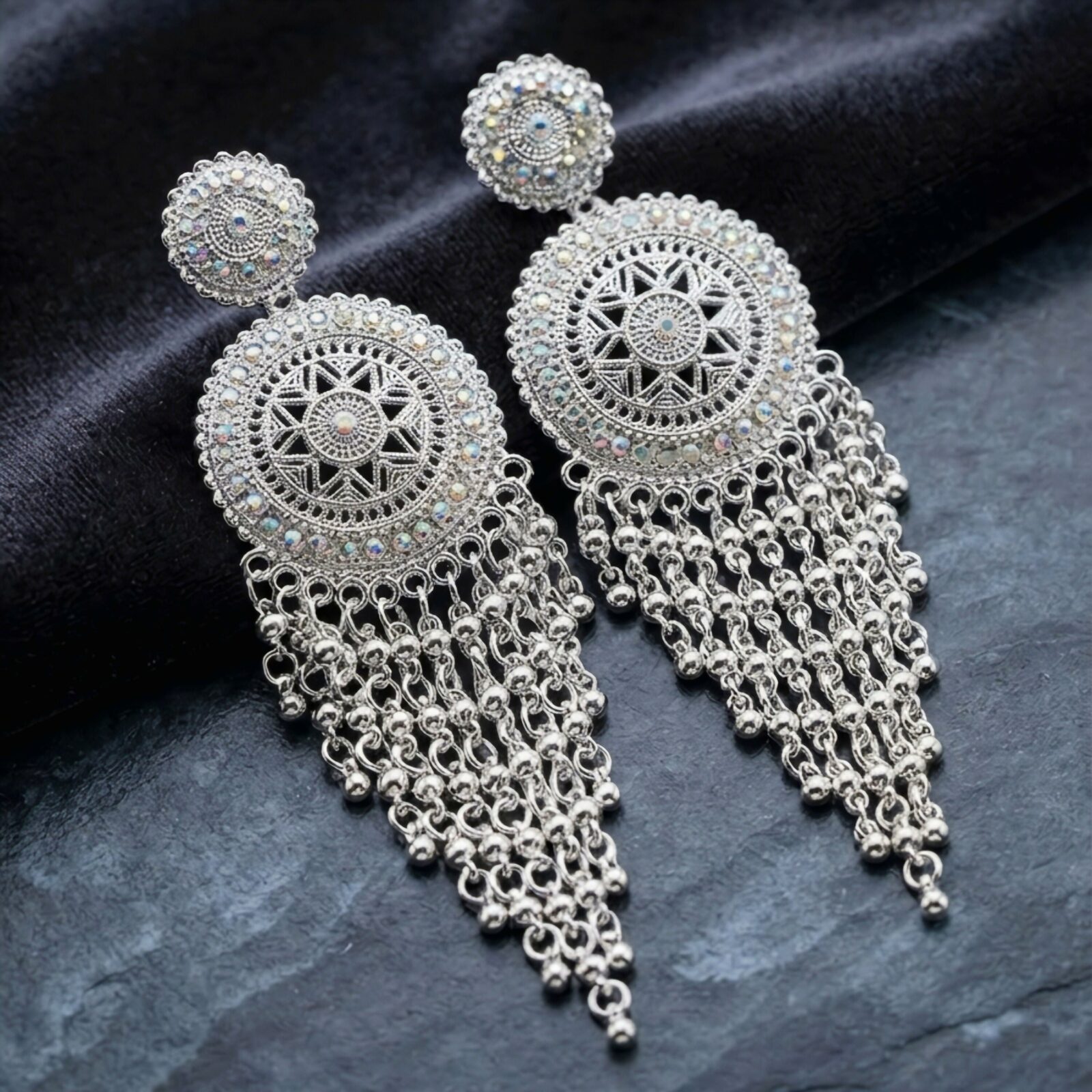 Premium Oxidised Silver Earrings with Round Design and Elegant Hanging Bead Detailing - Buy Online at Alikart