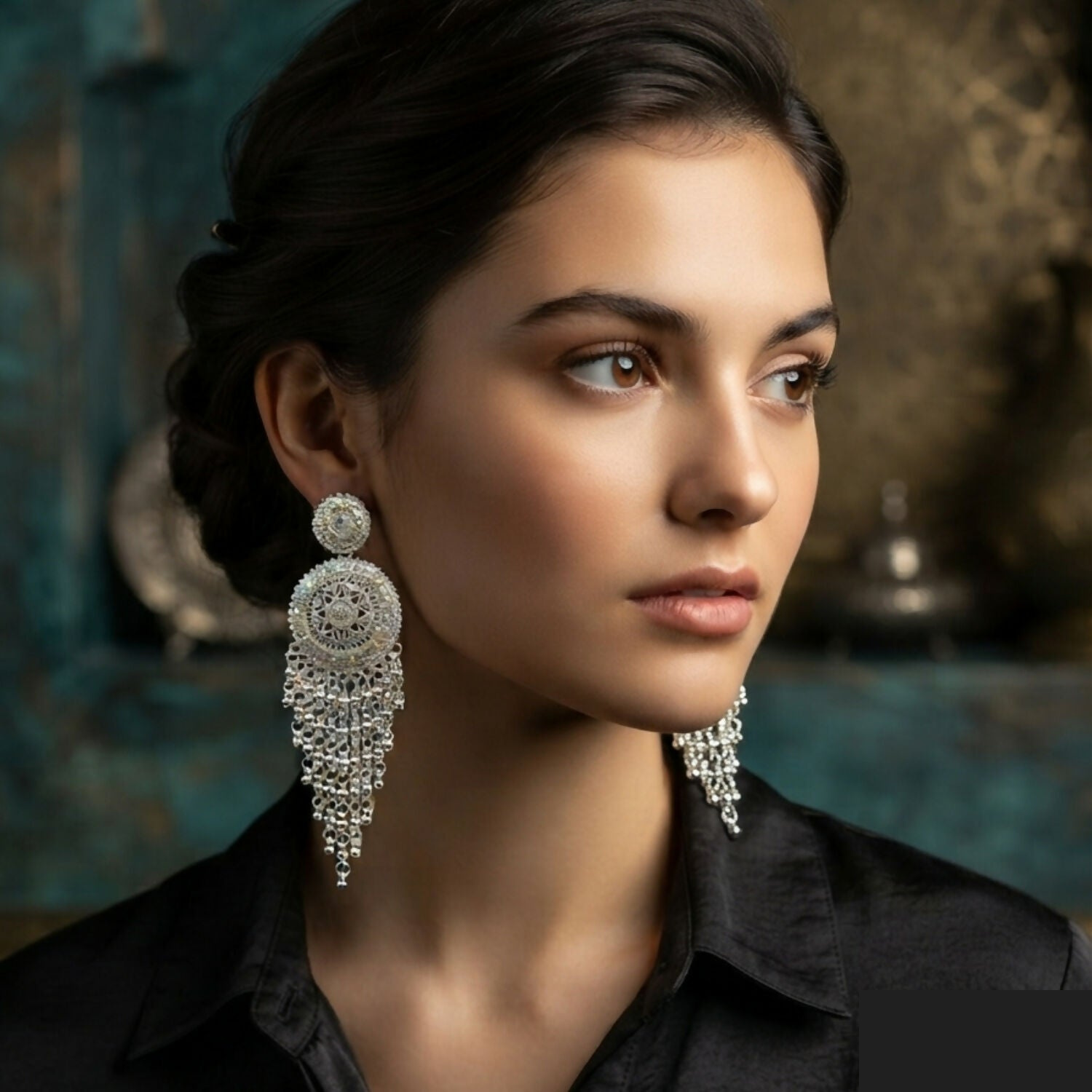 Oxidised Silver Earrings with Round Design and Elegant Hanging Bead Detailing - Detailed Feature View 1