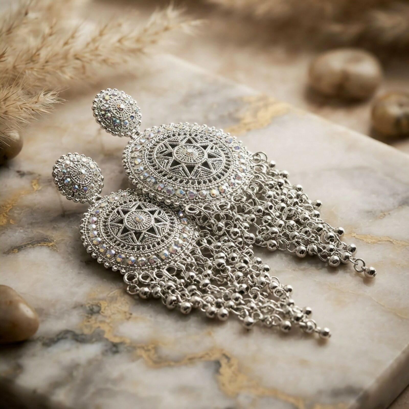 Oxidised Silver Earrings with Round Design and Elegant Hanging Bead Detailing - Detailed Feature View 2