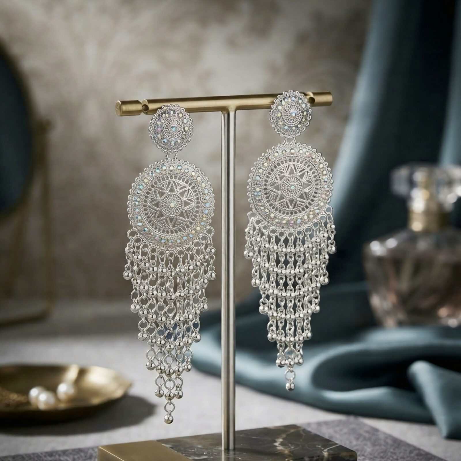 Oxidised Silver Earrings with Round Design and Elegant Hanging Bead Detailing - Detailed Feature View 3