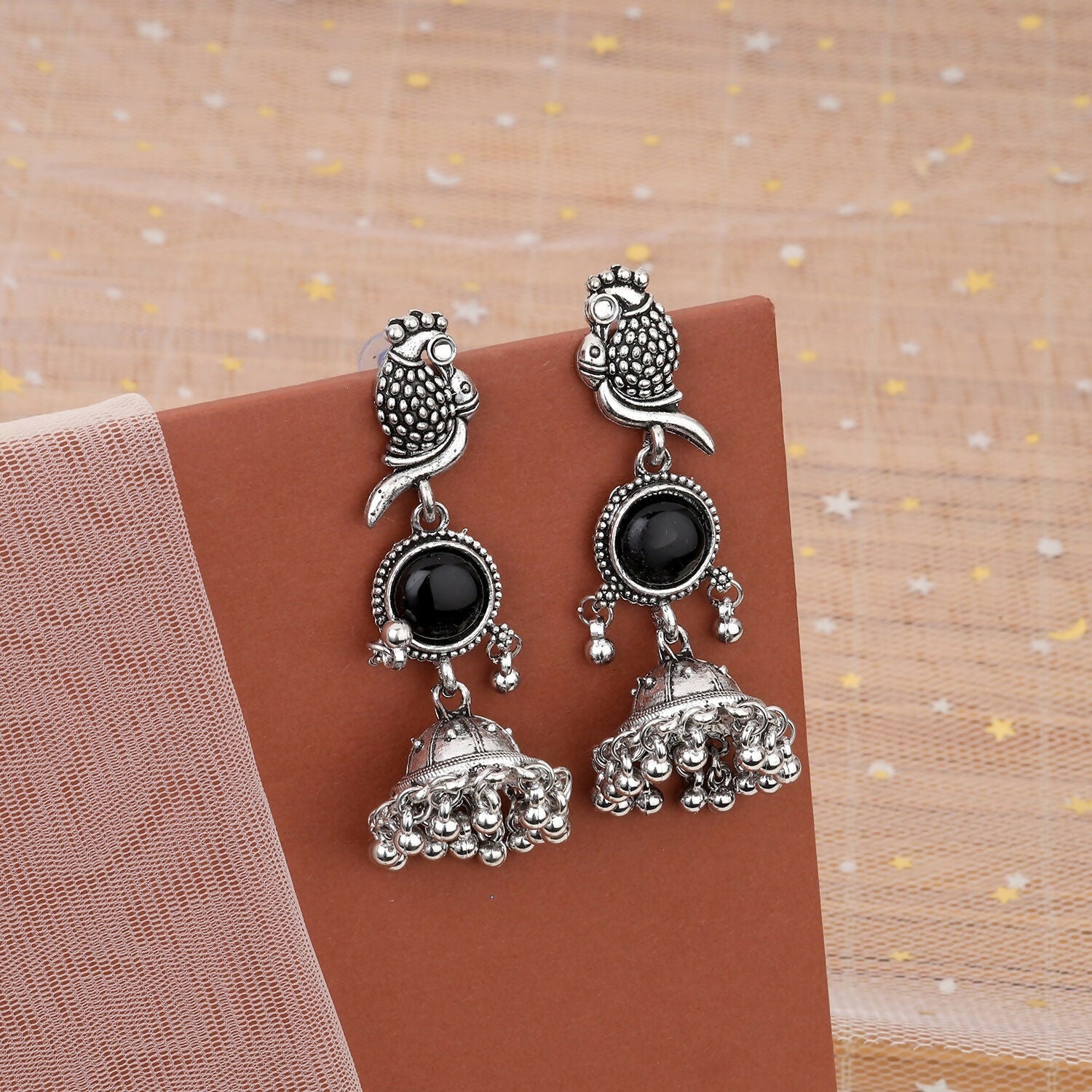 Oxidized Jhumka Earrings – Elegant Black Stone Design