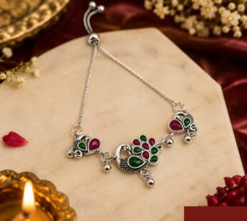 Oxidized Royal Peacock Adjustable Bolo Bracelet with Ruby & Emerald Stone Plumed Feathers