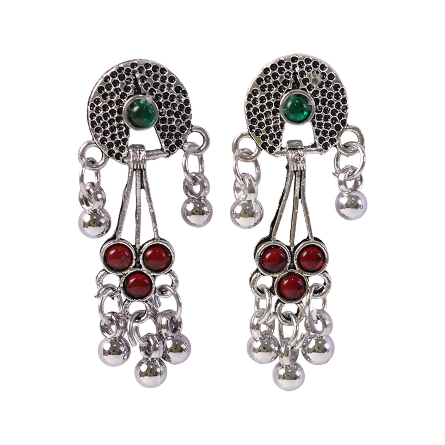 Oxidised Silver Long Drop Earrings with Green and Red Stones Ghungroo for Women Girls - Detailed Feature View 3