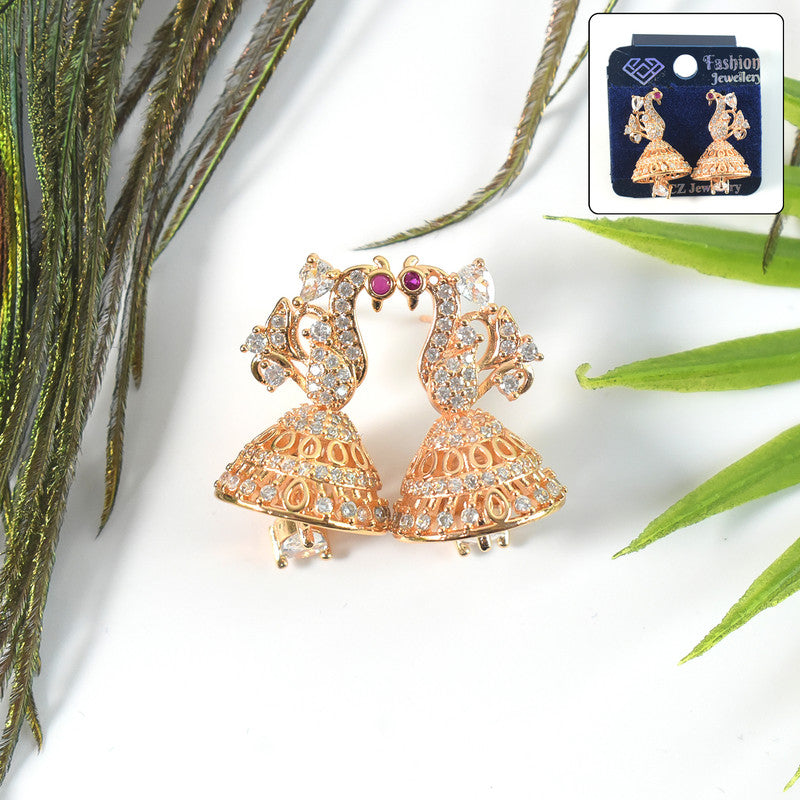 Peacock Design CZ Stone Jhumka Earrings – Elegant Lightweight Style