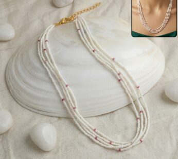 Pearl Beaded Mala Necklace – Elegant multi-layered design with pink accents