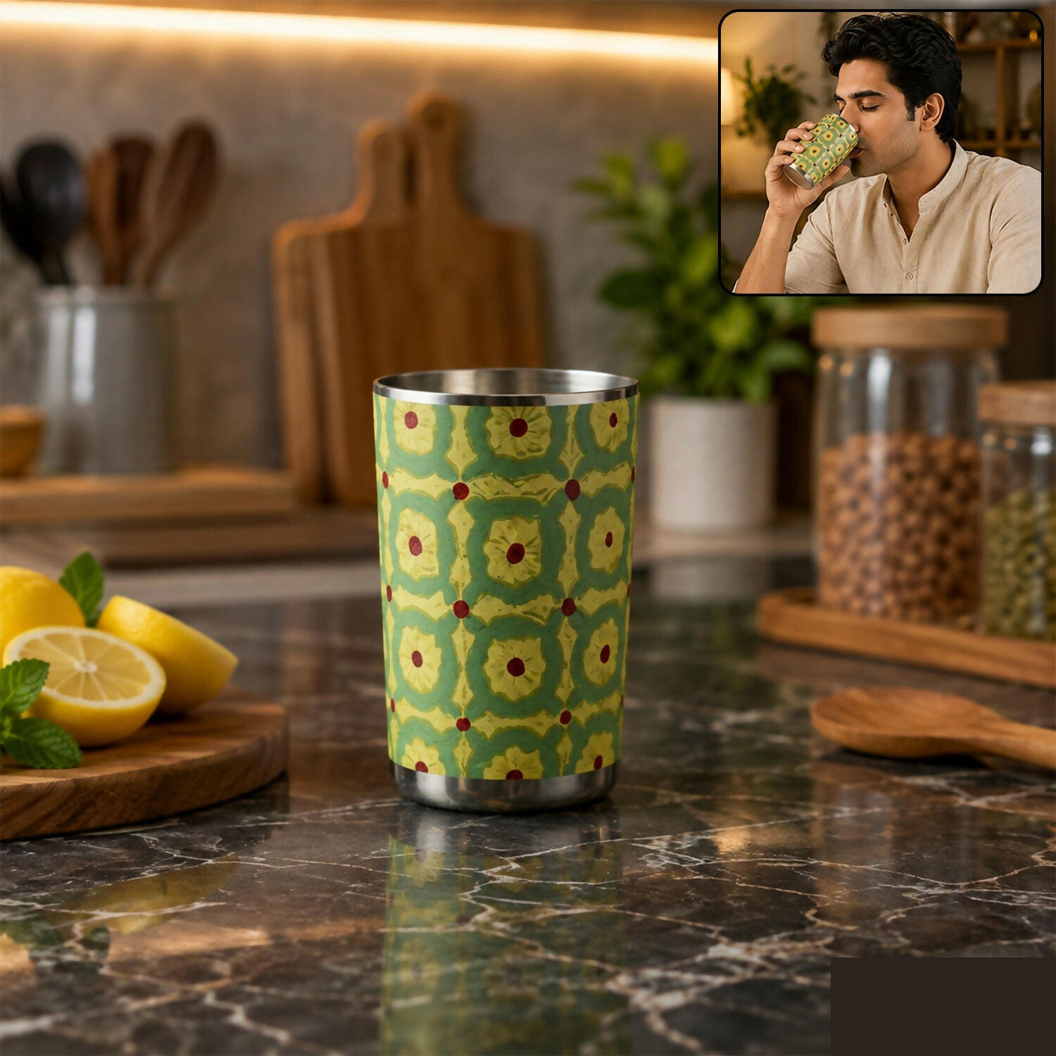Premium Pista Meenakari Peacock Design Stainless Steel Drinking Glass for Home & Festive Use - Buy Online at Alikart