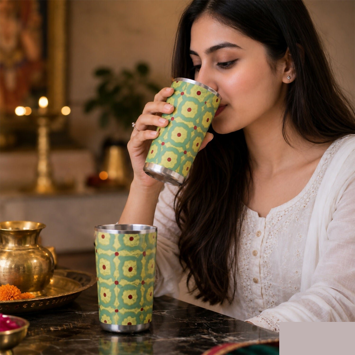 Pista Meenakari Peacock Design Stainless Steel Drinking Glass for Home & Festive Use - Detailed Feature View 2