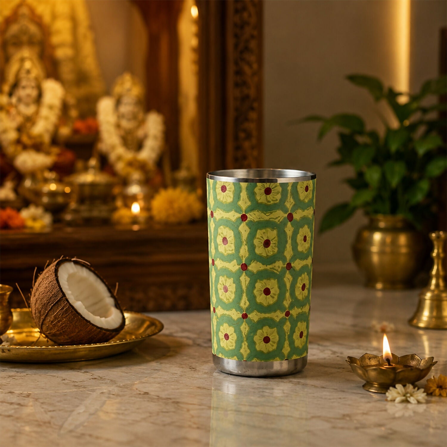 Pista Meenakari Peacock Design Stainless Steel Drinking Glass for Home & Festive Use - Detailed Feature View 3
