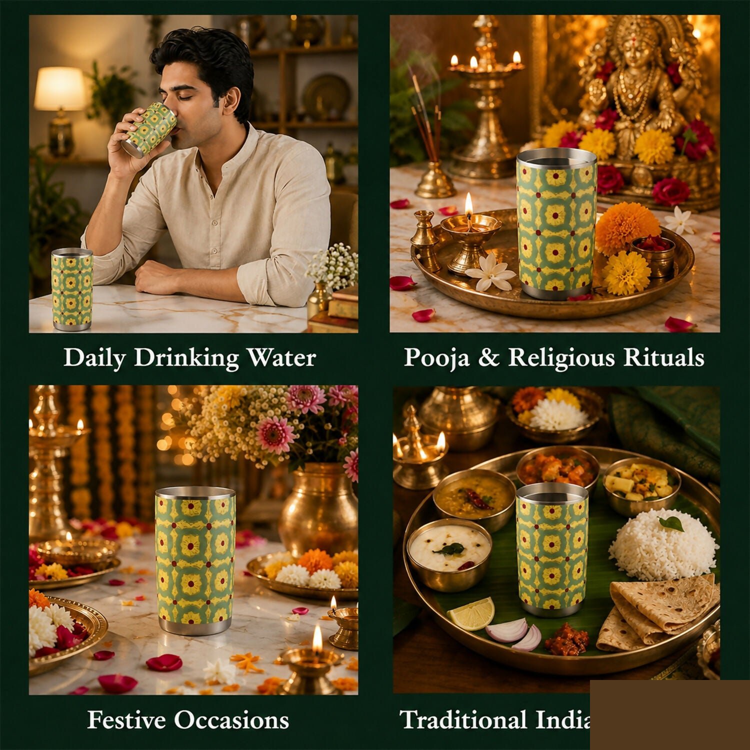 Pista Meenakari Peacock Design Stainless Steel Drinking Glass for Home & Festive Use - Detailed Feature View 4