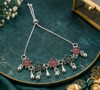 Antique Silver Finish Bracelet featuring Alternating Crimson & Emerald Enamel Star Flowers with Teardrop & Ball Charms