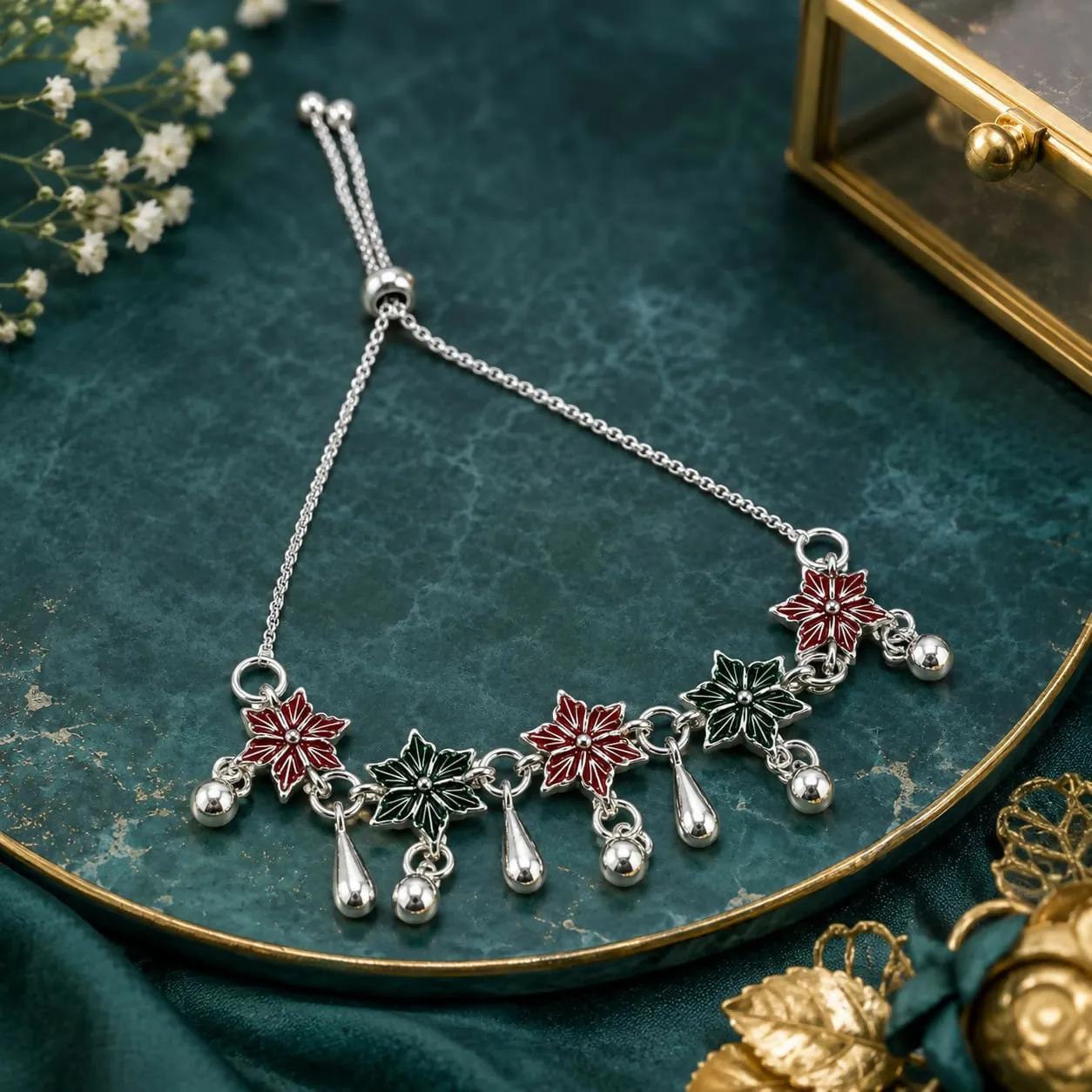 Premium Antique Silver Finish Bracelet featuring Alternating Crimson & Emerald Enamel Star Flowers with Teardrop & Ball Charms - Buy Online at Alikart