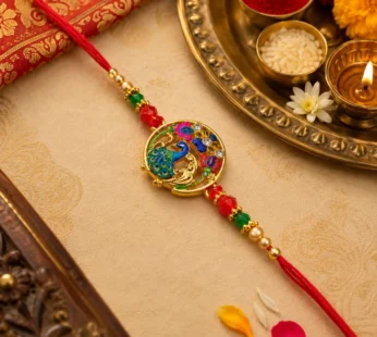 Exquisite Golden Peacock Meenakari Rakhi with Sparkling Crystals & Beaded Red Thread for Brother