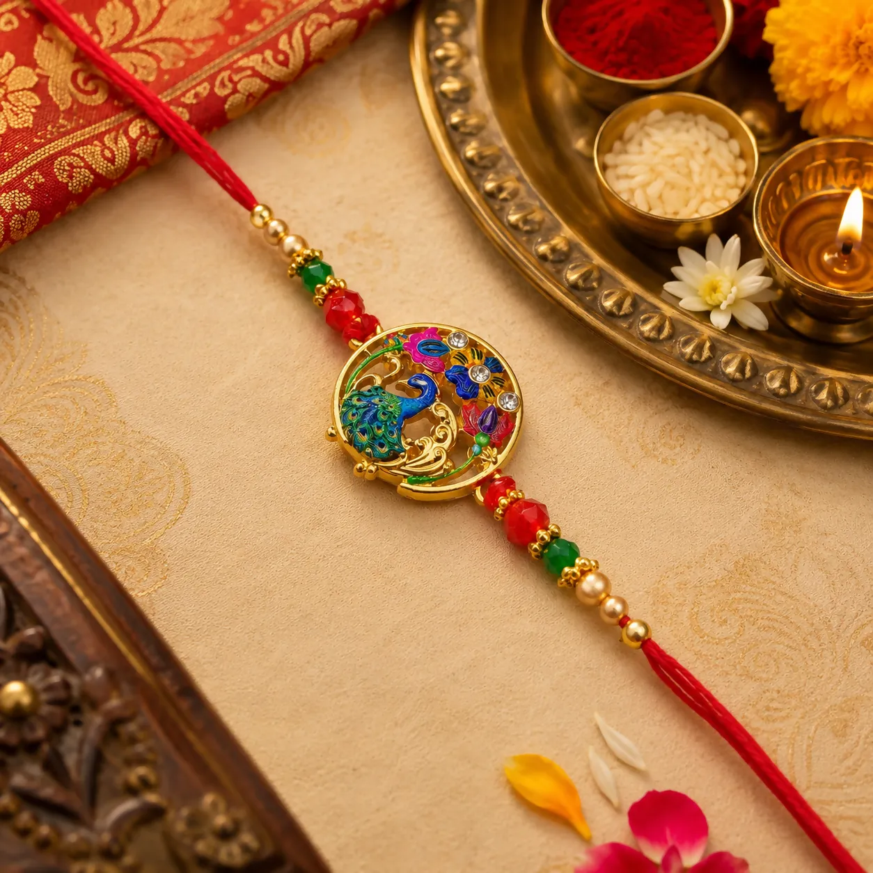 Premium Exquisite Golden Peacock Meenakari Rakhi with Sparkling Crystals & Beaded Red Thread for Brother - Buy Online at Alikart