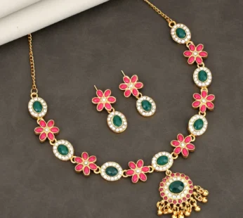 Lotus Choker Set – Gold-Toned Green-Pink Enamel Necklace