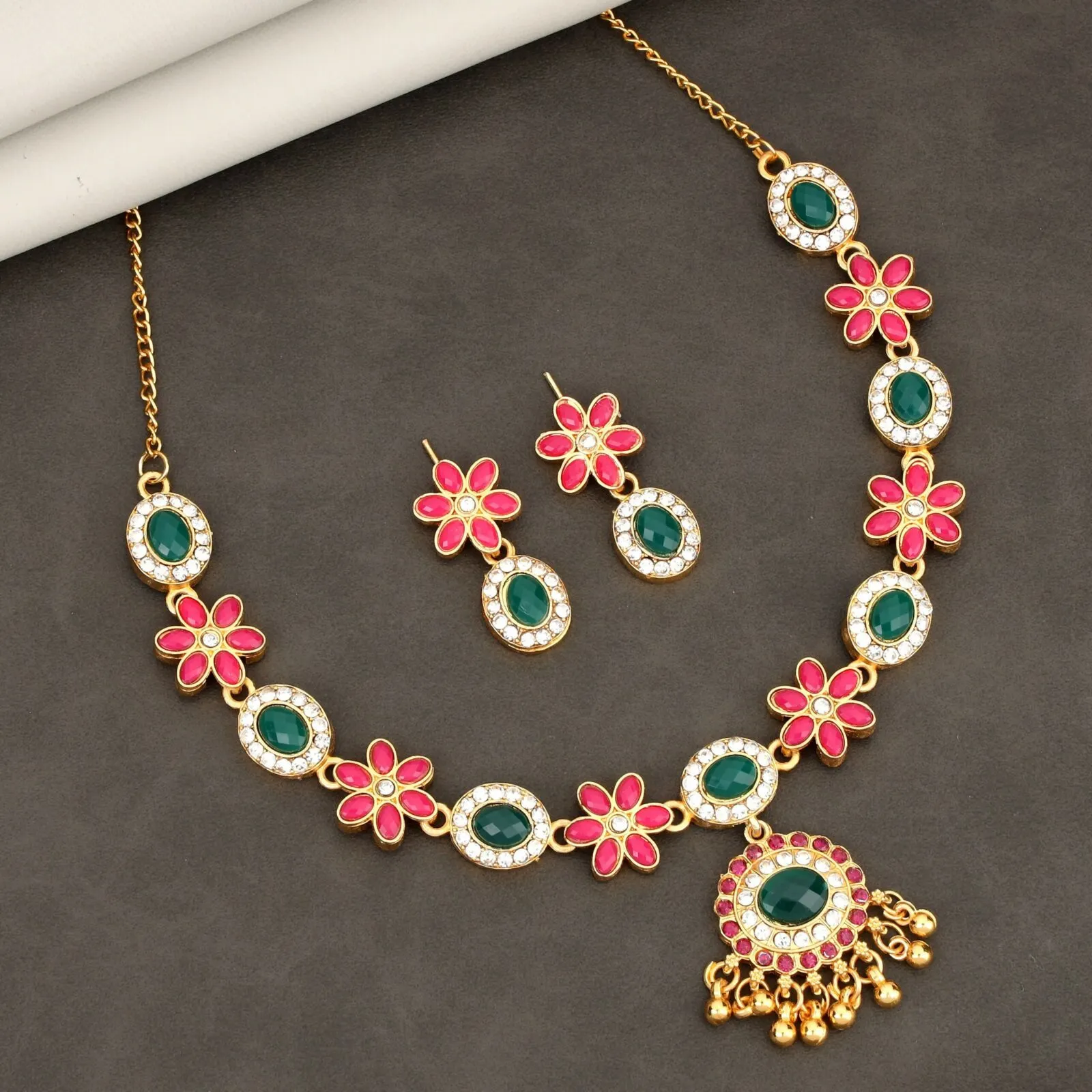 Premium Lotus Choker Set – Gold-Toned Green-Pink Enamel Necklace - Buy Online at Alikart