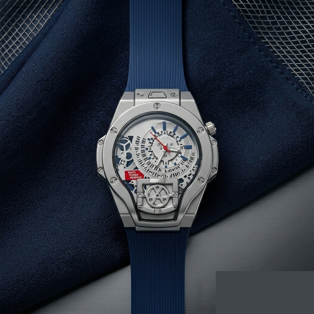 Premium Men's Skeleton Analog Watch with Blue Silicone Strap - Detailed Feature View 3