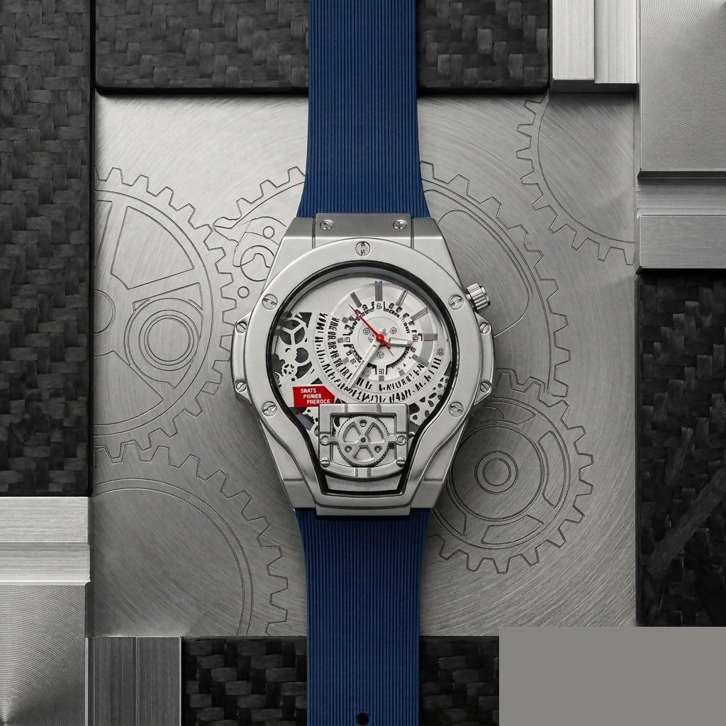 Premium Men's Skeleton Analog Watch with Blue Silicone Strap - Detailed Feature View 4