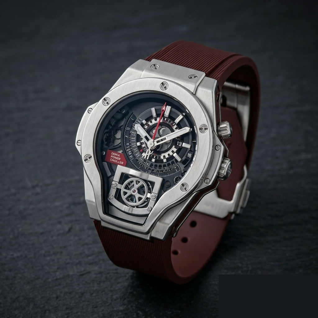 Premium Men's Skeleton Analog Watch with Brown Silicone Strap - Detailed Feature View 3