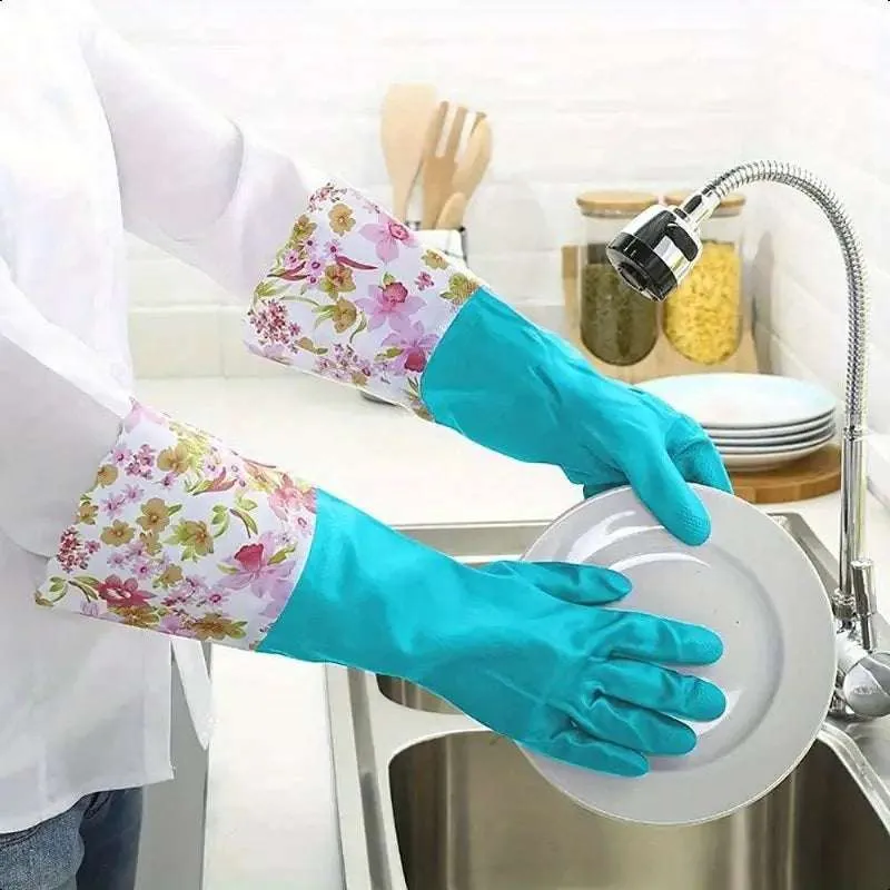 Long Waterproof Rubber Gloves for Kitchen & Dishwashing – Durable, PVC-Free Cleaning Gloves with Warm Fleece Lining(Random color-Pack of 1 Pair) - Detailed Feature View 1