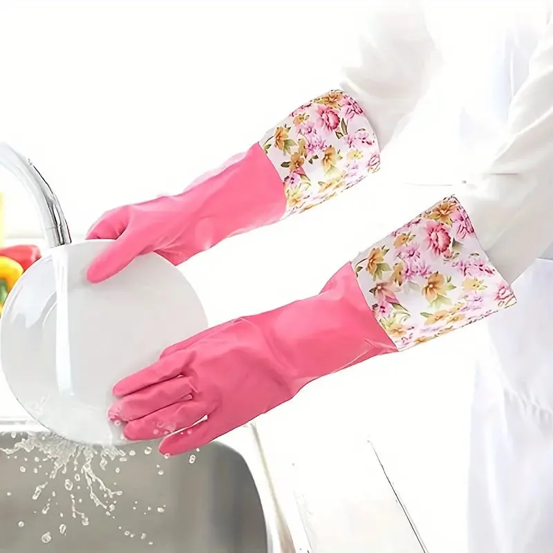 Long Waterproof Rubber Gloves for Kitchen & Dishwashing – Durable, PVC-Free Cleaning Gloves with Warm Fleece Lining(Random color-Pack of 1 Pair) - Detailed Feature View 2