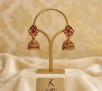 Antique Gold-Plated Matte South Indian Jhumka Earrings with Ruby and Emerald Floral Stud