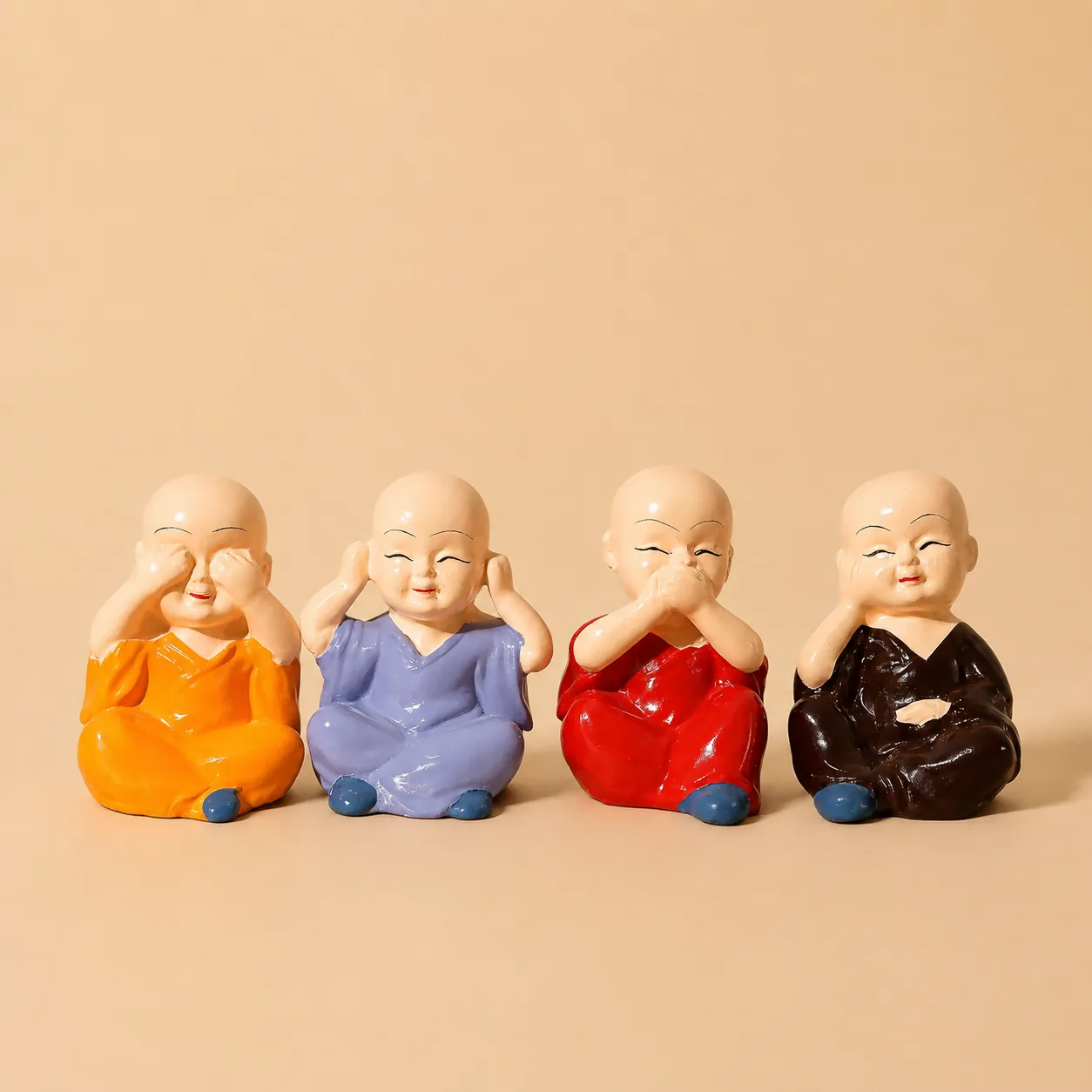 Set of 4 Cute Mini Monk Showpieces for Home Decor, Car Dashboard & Desk - Detailed Feature View 2