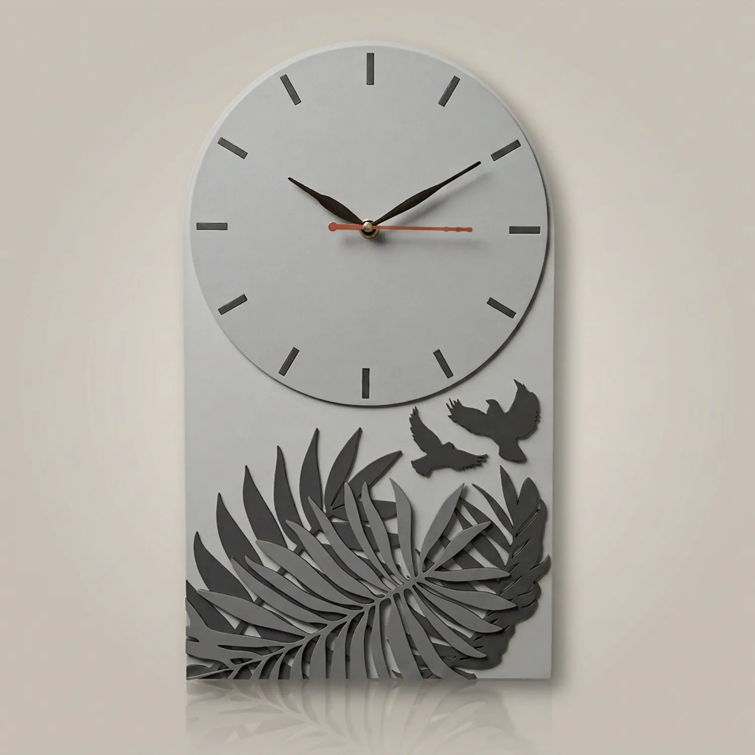 Premium Grey Botanical Designer Silent Wall Clock | Minimalist Decorative Wooden Clock for Living Room, Bedroom & Office - Detailed Feature View 3