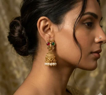 Traditional Gold Plated Butterfly Ruby Green Stone Jhumka Earrings