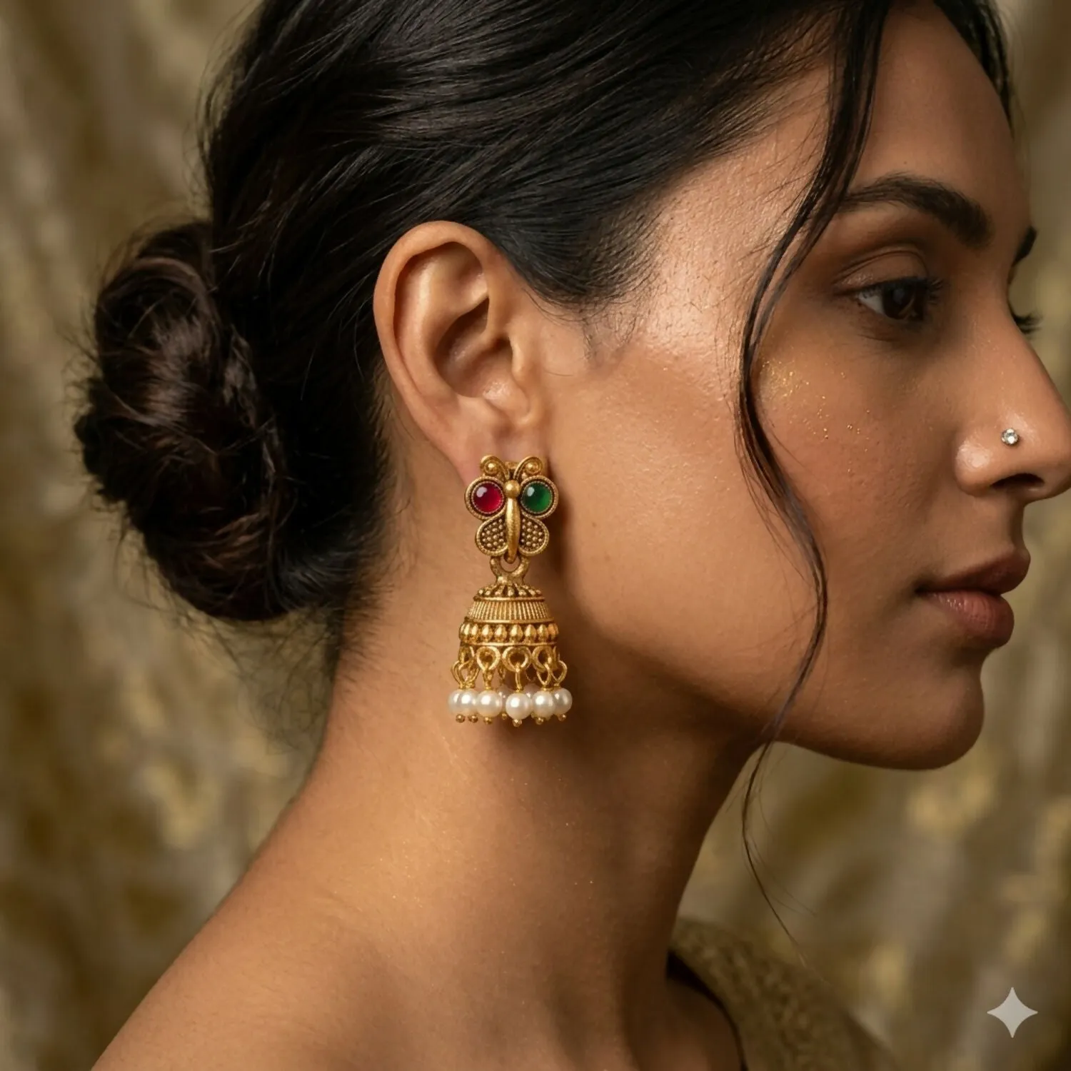 Premium Traditional Gold Plated Butterfly Ruby Green Stone Jhumka Earrings - Buy Online at Alikart