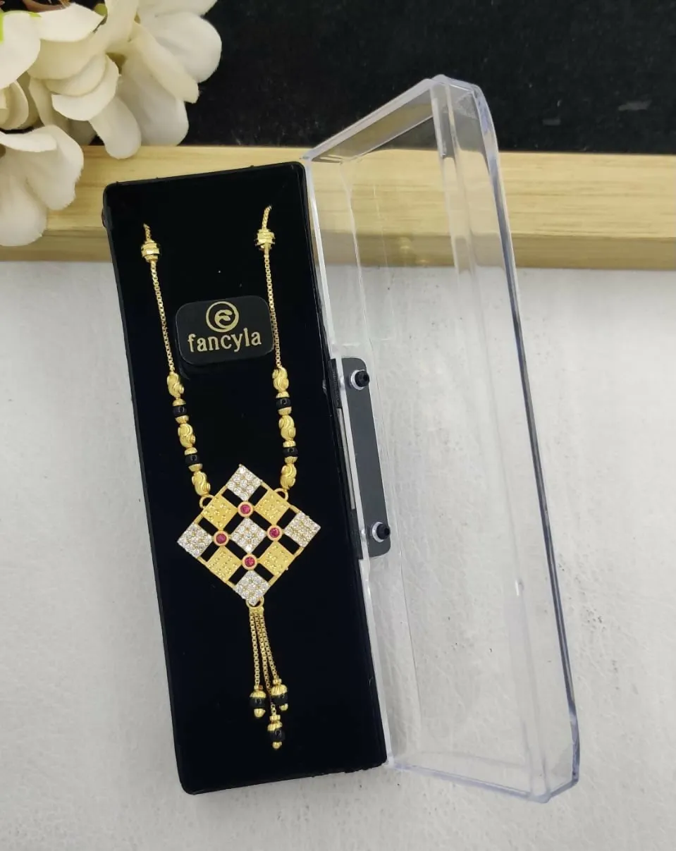 Gold Tone Designer Mangalsutra with Crystal Square Pendant for Women Ethnic Wear Set - Detailed Feature View 4