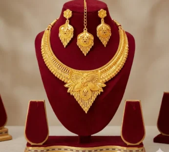 Royal Gold-Tone Statement Necklace Set with Drop Earrings and Maang Tikka for Women
