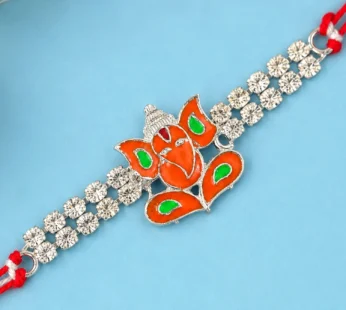 Silver-Toned Lord Ganesha Rakhi with Orange-Green Enamel, Double Crystal Chain & Red Thread