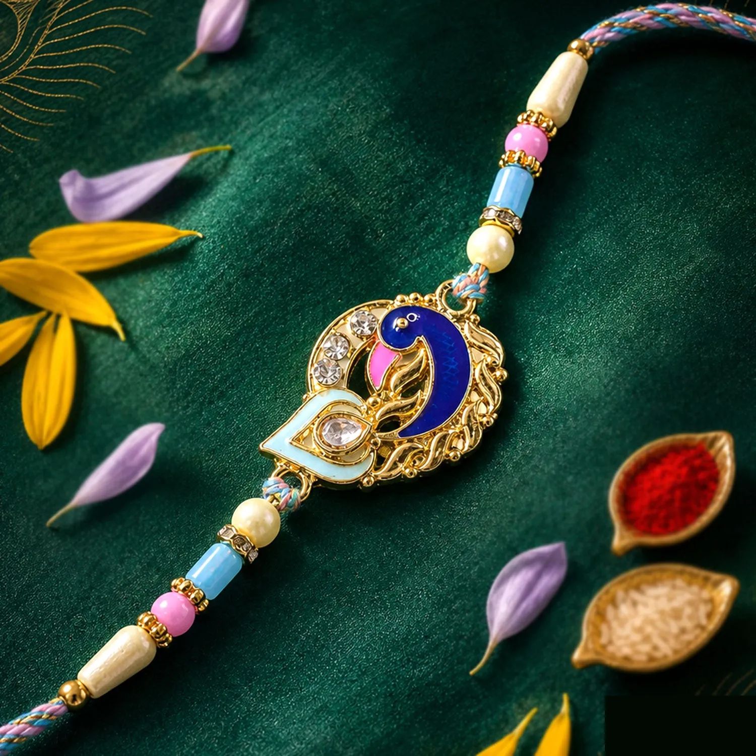 Premium Festive Rakhi featuring Peacock Charm, blue stones and wrist style for Raksha Bandhan - Buy Online at Alikart
