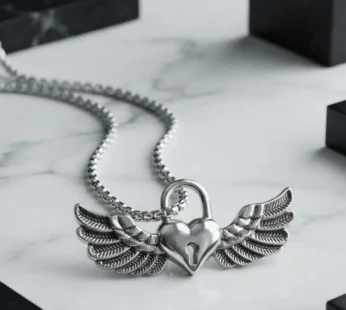 Silver Winged Heart Lock Pendant Necklace Angel Wings Love Padlock Design Chain