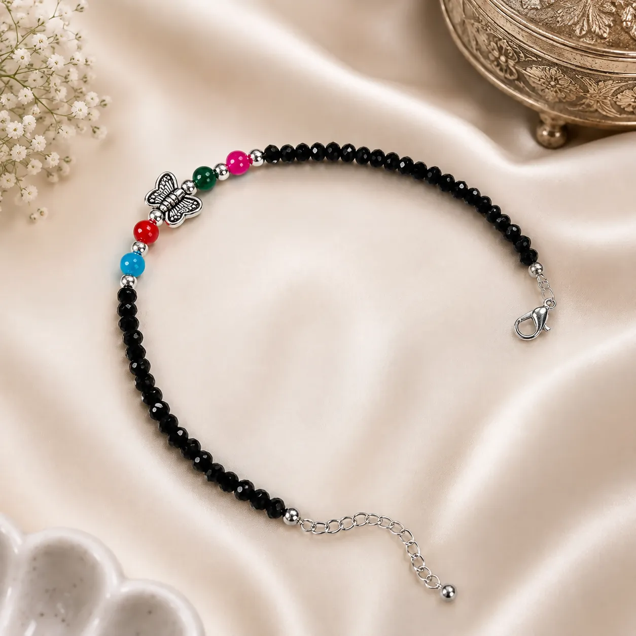 Premium Black Beaded Butterfly Anklet for Women with Multicolor Beads - Buy Online at Alikart