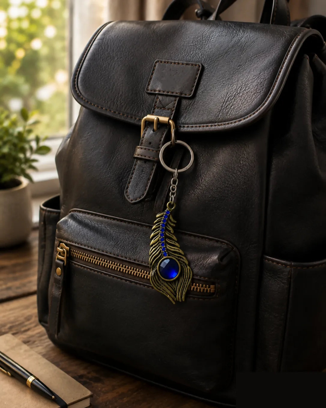 Blue Stone Peacock Feather Keychain with Silver Tone Decorative Design - Detailed Feature View 7