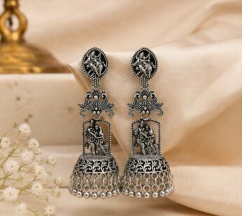 Radha Krishna Oxidized Silver Long Jhumka Earrings with Temple Design for Women